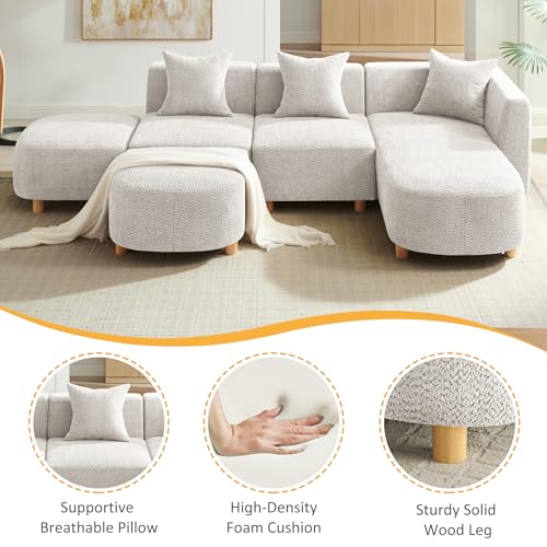 109.84" Modular Sectional Sofa with 3 Pillows, Convertible 5-Seater Comfy Boucle Cloud Couch with Ottoman, Modern Sectional Sofas for Living Room, Office, Apartment (Camel)
