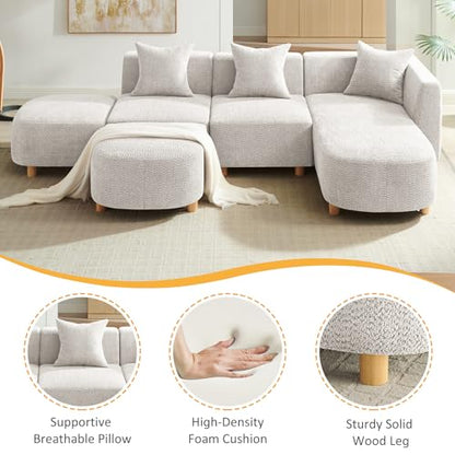 109.84" Modular Sectional Sofa with 3 Pillows, Convertible 5-Seater Comfy Boucle Cloud Couch with Ottoman, Modern Sectional Sofas for Living Room, Office, Apartment (Camel)