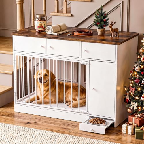 Dog Crate Furniture with 4 Storage & Bowl Design, 48’’ Dog Kennelf Indoor, view 3