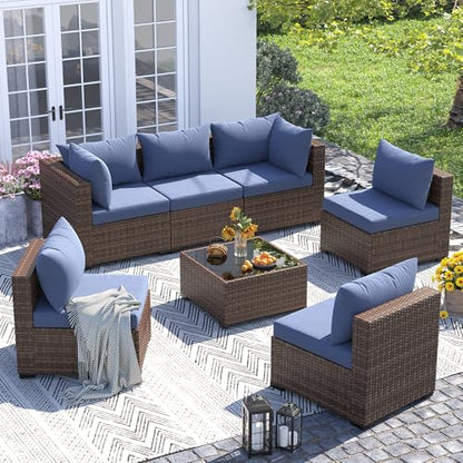 Patio Furniture Set Modular Outdoor Sectional 7 Piece Wicker Patio Set, Multiple Combinations Sectional Sofa w/Coffee Table, Navy Blue