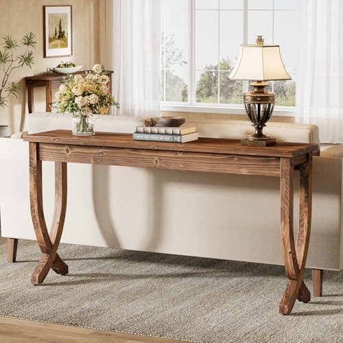 63-Inch Solid Wood Console Table for Entryway | Farmhouse Narrow Long Sofa Table with Curved Legs, Brown