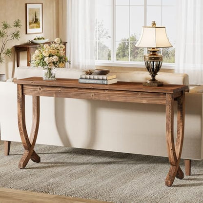 63-Inch Solid Wood Console Table for Entryway | Farmhouse Narrow Long Sofa Table with Curved Legs, Brown