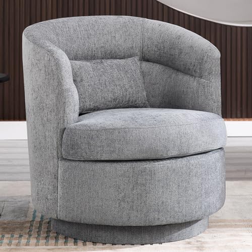 Swivel Accent Chair, 360 Degree Round Swivel Barrel Chair with Pillow, Upholstered Comfy Barrel Armchair Single Club Sofa Chair for Living Room,Bedroom, Reading Room, Dark Grey