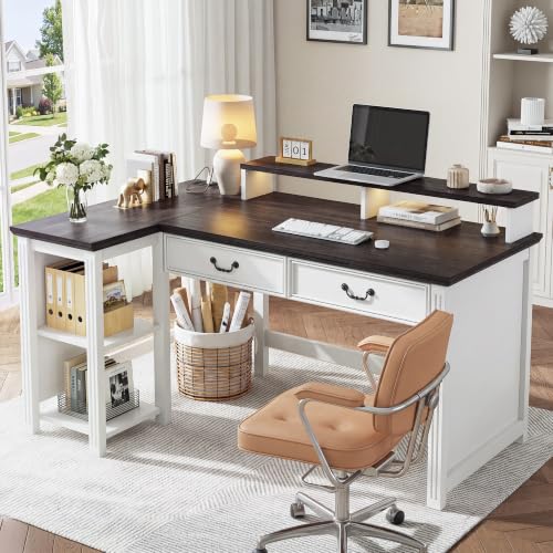 55" Farmhouse Writing Desk with Monitor Stand&Wood Drawers, view 5