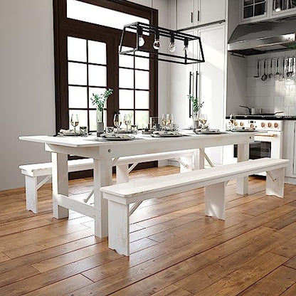 Hercules Commercial Grade Farmhouse Dining Table | Solid Pine Foldable Table for 10 in Antique Rustic White | Rustic Charm for Home and Events