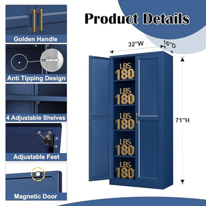 Kitchen Pantry Cabinet,71” Metal Pantry Storage Cabinets with Doors and 4 Adjustable Shelves,Blue Kitchen Cabinet with 2 Gold Handles,Tall Cabinet for Livingroom
