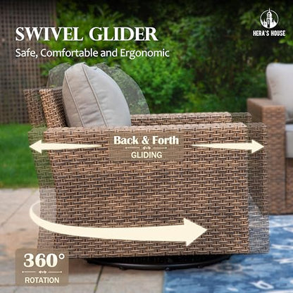 5-Piece Patio Furniture Set with Wide Arm, Grey | Outdoor Swivel Glide Chair +5.5” Washable Thick Cushions. All-Weather Yellow Wicker Conversation Sofa. for Deck Lawn &Garden