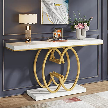 Tribesigns 55 Inch Console Table for Hallway, Faux Marble Gold Entryway Table with Geometric Metal Base, Modern Narrow Sofa Accent Table for Entrance, Living Room, Foyer (White & Gold)