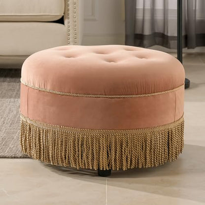 Jennifer Taylor Home Yolanda Upholstered Round Accent Ottoman, Peach Orange Velvet with Gold Trim