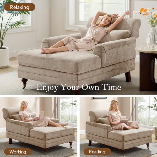 59.45'' Chaise Lounge Chair with Adjustable Backrest, Chenille Camel, view 6