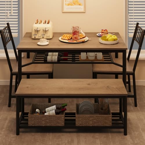 Dining Table Set for 4, Kitchen Table and Chairs for 4 with Wine Rack, Room Dining Table Set with Storage Benches, Rectangular Kitchen Table Set for Small Space, Apartment, Retro Gray