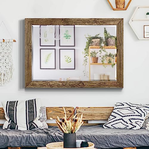 Rectangular Dark Room Walnut Wooden Framed Body Mirror Decor Farmhouse Wall Mounted Horizontal Decorative Mirror for Bedroom Living Room Bathroom - 41"x29" LT07