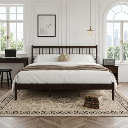 JIVOIT King Size Platform Bed with Headboard and Footboard, Traditional Style Pinewood Bed with Strengthened Bed Frame, Under-Bed Storage Space, No Box Spring Needed