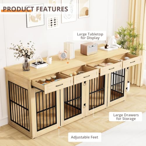 87"Dog Crate Furniture for 2 Dogs, Double Dog Cage Furniture,Natural, view 5