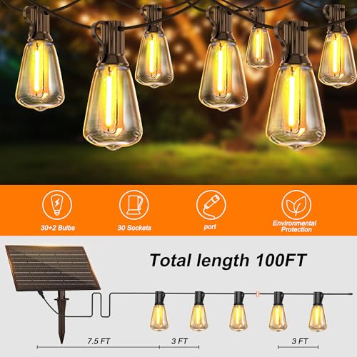 100FT Super Bright Solar String Lights Outdoor Waterproof with Remote Control 30+2 Shatterproof LED ST38 Bulbs for Porch Garden Market Bistro Patio Backyard Fence
