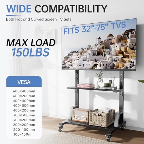 Outdoor TV Stand with Storage for 32–75 Inch TVs, Max VESA 600×400 mm, Supports 150 lbs, Height Adjustable Mobile Cart with Locking Wheels, Rolling TV Stand for Home Office Outdoor(Black)