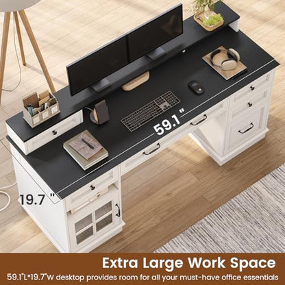 Farmhouse Executive Desk with Drawers Computer Desk with File Drawers, Power Outlet and Led Lights, Executive Office Desk with Storage Cabinet and Monitor Shelf for Home Office, White