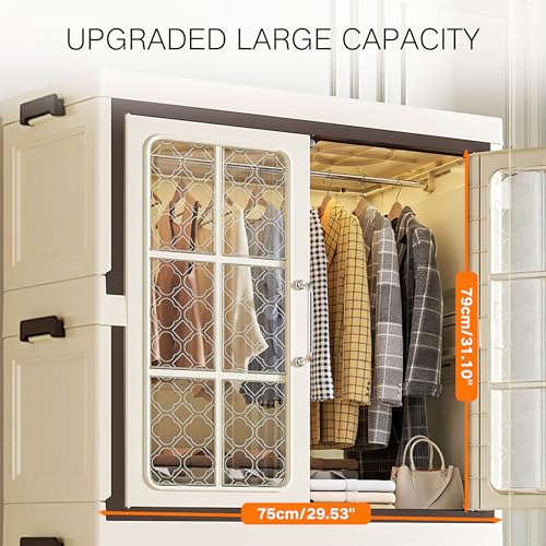 Stackable Plastic Storage Cabinet with Transparent Windows, Collapsible Closet Organizer with Wheels (1+1 Plus)