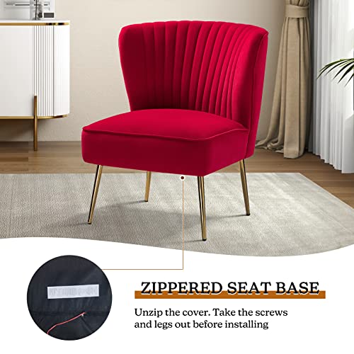Velvet Armless Accent Chair, Upholstered Modern Small Side Chair with Golden Legs, Comfy Cute Wingback Slipper Chair for Living Room, Study, Beauty Room, Thickly Padded(RED)
