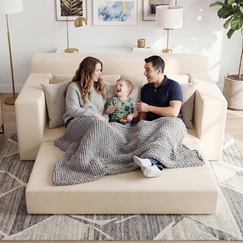 71" Boneless Loveseat Couch,Chenille Pullout Futon Couch,4 in 1 Folding 3 Seater Sofa Bed for Living Room,Boneless Cloud Couch with Storage Pocket & 2 Pillows,Beige