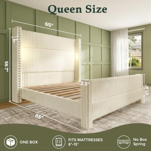Queen Bed Frame with 56.7" Tall Wingback Headboard & Reading Lights, Cream, view 3