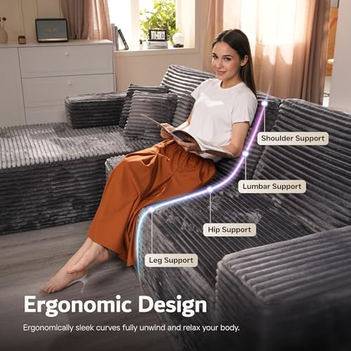 Sectional Cloud Couch for Living Room, Modular Floor Sofa with Plush Corduroy, No Assembly Required, Big Comfy Couches Set with Fluffy Memory Foam, Stupendous U Shaped Sofas with Chaise, Grey