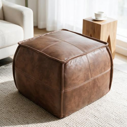 Genuine Leather Ottoman, Square Pouf Footstool (Square, Brown), view 2