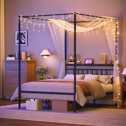 Full Canopy Bed Frame with Storage Headboard Minimalist Style 4 Posters Bed, view 8