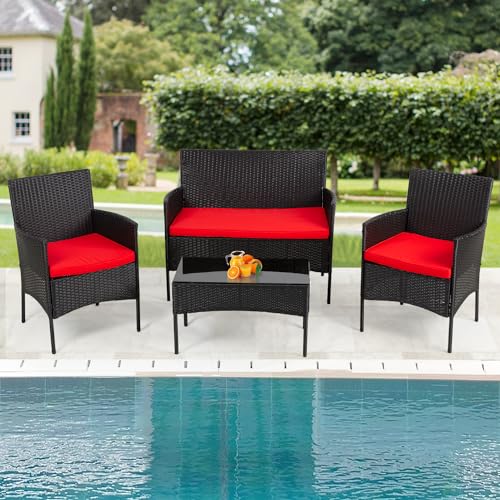 PayLessHere Outdoor Furniture Set 4Pc Modular Patio Furniture Set Water Resistant Conversation Set with 3 Rattan Chairs 1 Tempered Glass Topped Table Seat Cushions for Patio Balcony Poolside, Red