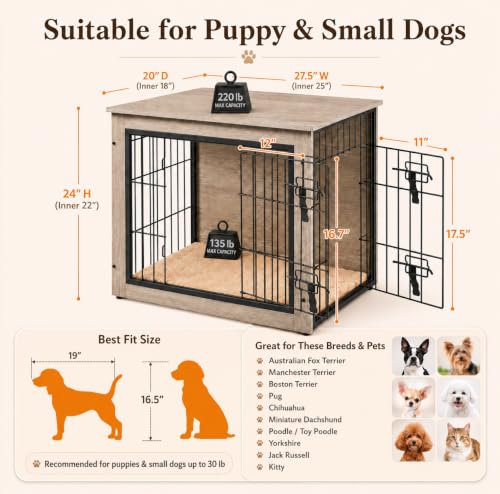 27.5in Wooden Dog Crate Furniture w/Cushion for Small Dogs, Gray, view 4