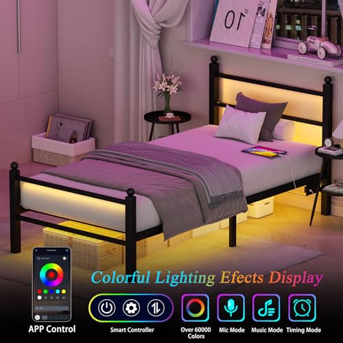 White Metal Bed Frame with RGB Lights and USB, Underbed Storage, view 4
