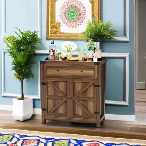 Coffee Bar Cabinet Farmhouse Kitchen Sideboard Buffet Cabinet with Drawer and Adjustable Shelf Barn Door Storage for Kitchen, Dining Room, Bathroom, Entryway (Brown)