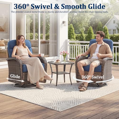 Outdoor Swivel Rocking Chair Patio Set (6-Piece), High-Back - Thick Cushion Swivel Rocking Chair Patio Set, All-Weather Wicker Patio Furniture Set, Suitable for Balcony Patios, Brown/Blue