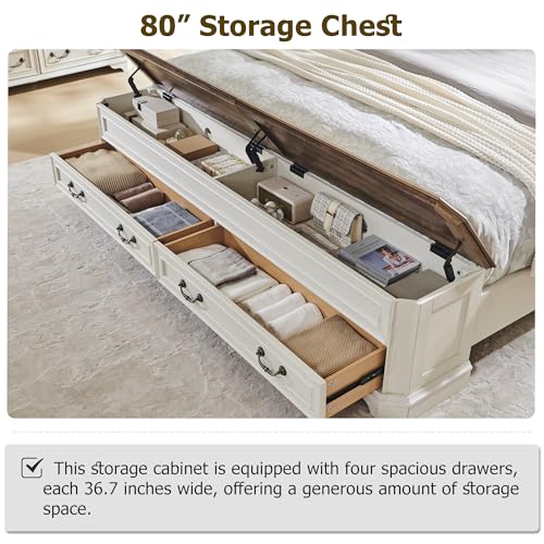 Farmhouse King Bed with Headboard and Storage Bench, Antique White, view 5