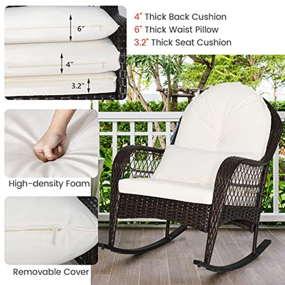 Outdoor Wicker Rocking Chair, Patio Rattan Rocker w/Lumbar Pillow, Padded Seat & Back Cushions, Metal Frame, Mix Brown Wicker Furniture for Balcony, Porch, Deck, Backyard (Off White)
