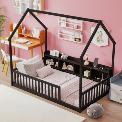 JIVOIT Twin Size House-Shaped Floor Bed with Storage Shelves | Pine Wood Floor Bed, Floor Playhouse Bed Frame, Safety Guardrails, Fence Design, Easy Assemble, No Box Spring Needed