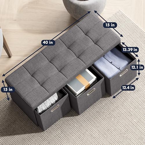 40 Inch Storage Ottoman with 3 Drawers, Tufted Linen, Dark Gray | Foldable Large Bench Design; Foot Rest Stool Seat; Ideal for Living Room, Bedroom or Entryway