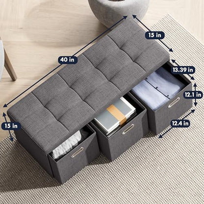 40 Inch Storage Ottoman with 3 Drawers, Tufted Linen, Dark Gray | Foldable Large Bench Design; Foot Rest Stool Seat; Ideal for Living Room, Bedroom or Entryway