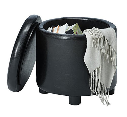 Designs4Comfort Round Accent Storage Ottoman in Black Faux Leather Fabric