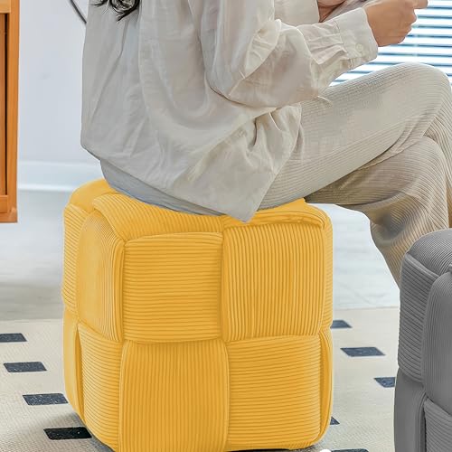 15" Square Woven Corduroy Ottoman Footrest - Modern Vanity Stool for Living Room & Entryway, Eco-Friendly Wood Frame, No Assembly (Yellow)
