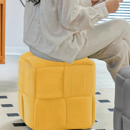 15" Square Woven Corduroy Ottoman Footrest - Modern Vanity Stool for Living Room & Entryway, Eco-Friendly Wood Frame, No Assembly (Yellow)