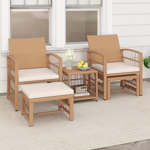 5 Pieces Patio Wicker Conversation Set, Outdoor Furniture Set with 2 Armchairs, 2 Ottomans & 2-Tier Side Table, Outside Rattan Cushioned Sofa Set for Deck, Backyard, Porch or Poolside