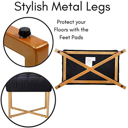 Rectangle Tufted Linen Ottoman Foot Rest - 19.7x11.82x17.73” Small Foot Stool with Legs - Padded Footrest Modern Ottomans for Living Room Furniture, Bedroom Footstool (Black)