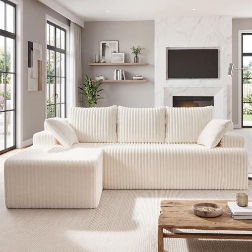 Modular Sectional - L-Shape Cloud Seating with Memory Foam, Convertible 3-Seat Living Room Furniture, Oversized Chaise Lounge, Washable Cover (White, 98", Left Hand Facing)