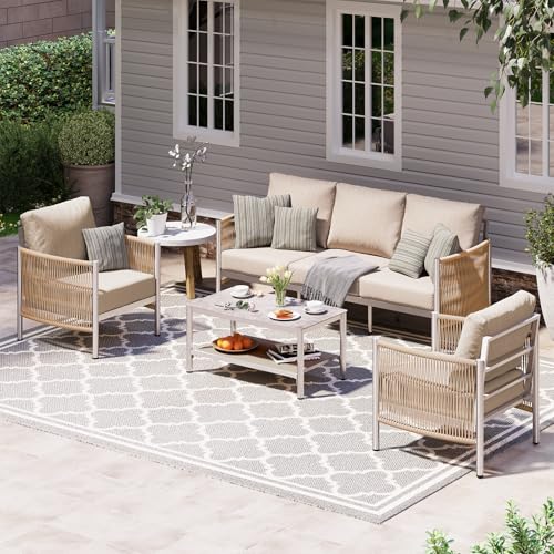 Aluminum Outdoor Patio Furniture Set with Dual-Layer Coffee Table, 4 Piece Modern Patio Conversation Sets with PE Rope, Outdoor Sectional Sofa with Thick Cushions for Balcony, Porch, Beige
