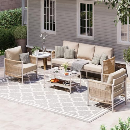 Aluminum Outdoor Patio Furniture Set with Dual-Layer Coffee Table, 4 Piece Modern Patio Conversation Sets with PE Rope, Outdoor Sectional Sofa with Thick Cushions for Balcony, Porch, Beige