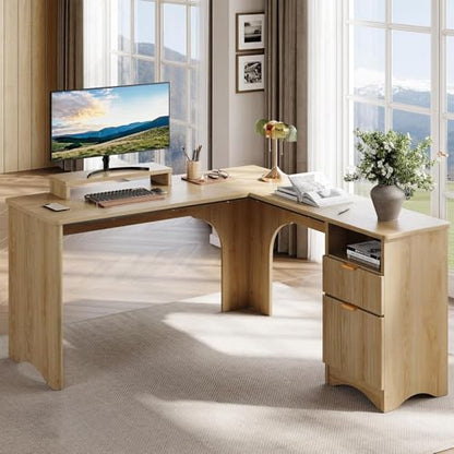 55" L Shaped Desk with Monitor Stand & File Drawer, Natural Oak, view 2