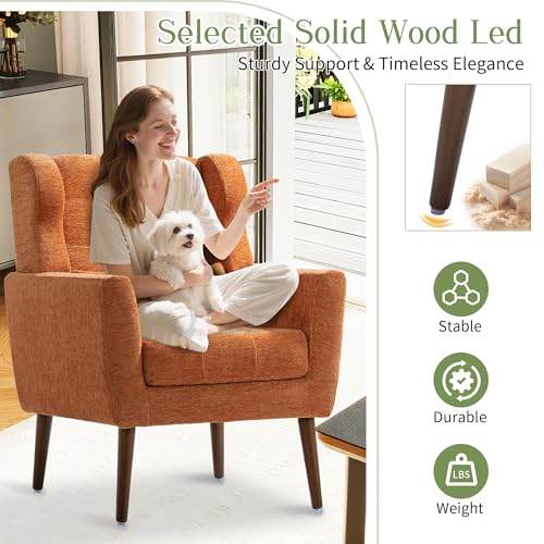 Accent Arm Chairs for Living Room, Chenille Upholstered Mordern Armchair, Comfy Soft Padded Lounge Chair in Small Spaces, Bedroom, Pillow, Solid Wood Leg, Orange