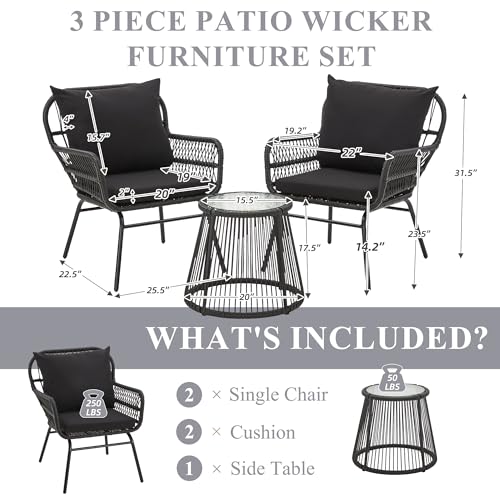 3-Piece Outdoor Patio Furniture Set - 20" Wide Seating w/ 2" Thick Cushions, 14.2" Seat Height - Modern Boho Furniture for Gardens, Balcony & Apartments
