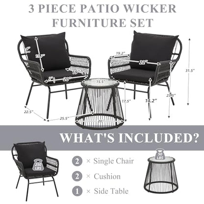 3-Piece Outdoor Patio Furniture Set - 20" Wide Seating w/ 2" Thick Cushions, 14.2" Seat Height - Modern Boho Furniture for Gardens, Balcony & Apartments